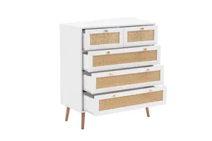 White Chest of 5 Drawers Rattan Mid Century Modern