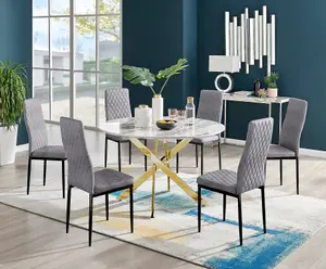 Furniturebox UK Novara White Marble Gold Leg 120cm Round Dining Table & 6 Grey Velvet Milan Black Leg Chairs