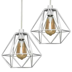 ValueLights Diablo Pair of Modern Geometric White Metal Basket Cage Ceiling Pendant Light Shades