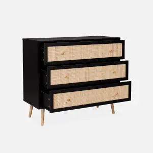 sweeek. 3-drawer chest with wood and cane effect Boheme Black 90x39x79 cm