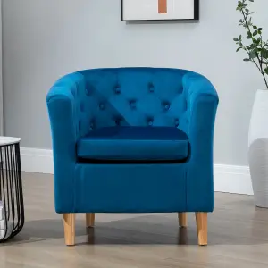 Clio 68cm wide Blue Velvet Fabric Studded Back Accent Chair with Dark and Light Wooden Legs