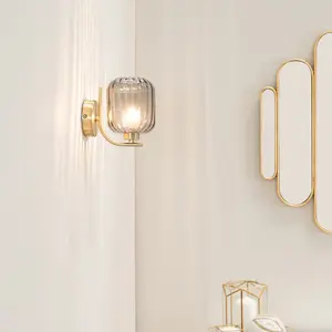 ValueLights Amelie Gold Curved Bar Wall Light with Smoked Ribbed Glass Shade - LED Bulb Included