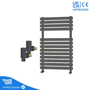 Designer Delta Anthracite Flat Panel Towel Radiator Heated Ladder Rail - 780 x 500mm - Angled Manual Square Valve Pair