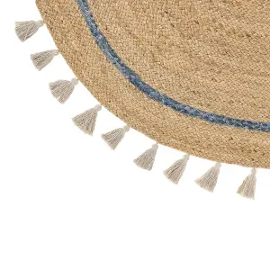 Round Jute Area Rug 140 cm Beige and Blue OBAKOY