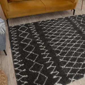 Moroccan Dark Grey Shaggy Living Room Rug 940