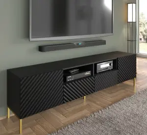 Chic Black Surf TV Cabinet with Gold Legs (W)200cm (H)56cm (D)42cm - Elegant & Functional