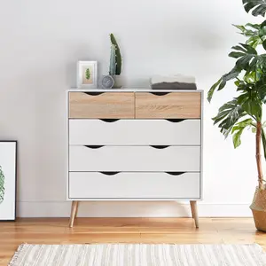 VonHaus Chest Of Drawers, 5 Drawer Dresser, White & Oak Wood Effect Storage Cabinet for Bedroom w/Tapered Legs & Cut Out Handles