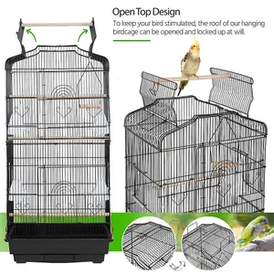 Yaheetech Black Open Top Metal Birdcage Parrot Cage with Slide-out Tray and Four Feeders