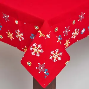 Homescapes Cotton Christmas Red Snowflake Border Tablecloth, 54 x 90 Inches