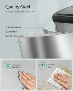 SONGMICS Trash Can, Kitchen Rubbish Can, Tall and Spacious Metal Waste Bin with Lid, Silver and Black