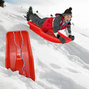 Set of 2 Kids Heavy Duty Red Snow Sledges - For Kids and Adults, Winter Toboggan Sleigh Sled With Rope