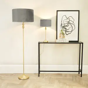 ValueLights Maggie Gold Candlestick Floor Lamp with Grey Velvet Lamp Shade and LED Bulb