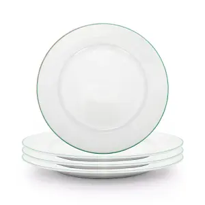 Set of 4 Durable White Ceramic Side Plates with Elegant Green Rim