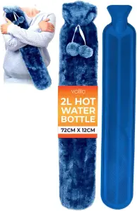 Long 2L Hot Water Bottle for Pain Relief - Blue Soft Faux Fur Cover with Pom Poms, 72cm, Washable, Luxury Heating Bag