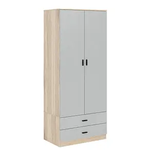 URBNLIVING 180cm Tall Wooden 2 Door Wardrobe Oak Carcass and Grey Drawers With 2 Drawers Bedroom Storage Hanging Bar Clothes