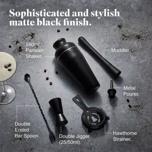 VonShef Cocktail Shaker Set Black, 550ml Parisian Shaker, 6pc Bartender Set for Home Bar - Strainer, Muddler, Jigger & Gift Box