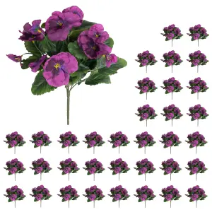 Blooming Artificial - 28cm / 1ft Purple Fake Pansy Bush Multi-Pack