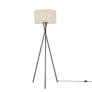 ValueLights Camden Modern Gloss Black Metal Tripod Floor Lamp with Beige Cylinder Shade - Includes 6w LED Bulb 3000K Warm White