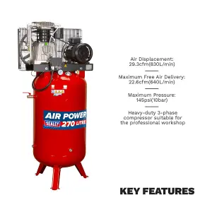 Sealey Air Compressor 270L Vertical Belt Drive 7.5hp 3ph 2-Stage with Cast Cylinders SACV52775B