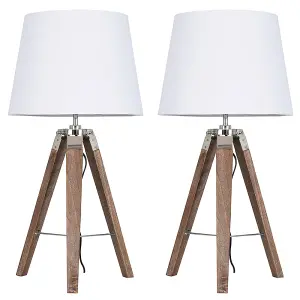 ValueLights Clipper Pair of - Modern Distressed Wood and Silver Chrome Tripod Table Lamps with White Tapered Light Shades