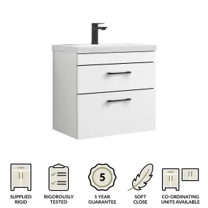 Rio 2 Drawer Wall Hung Vanity Basin Unit - 600mm - Gloss White with Square Black D Handles (Tap Not Included) - Balterley