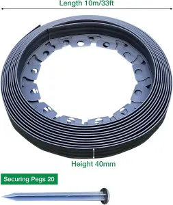 Flexible Graphite Garden Edging Border 10m Complete with 20 Securing Pegs Perfect Flower Beds Lawns and Pavement Design 40mm High