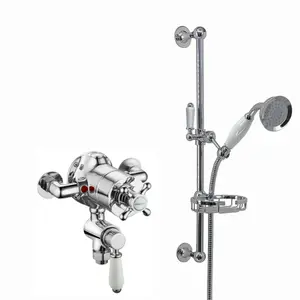 ENKI Downton Chrome White Traditional Twin Brass Thermostatic Shower Valve & Slider Rail Kit SH0539