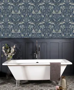 Arthouse Traditional Folk Floral Trail Denim Blue Birds Flowers Leaves Wallpaper