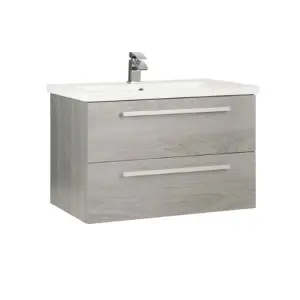 Bathroom 2-Drawer Wall Hung Vanity Unit with Mid Depth Ceramic Basin 800mm Wide - Silver Oak - Brassware Not Included