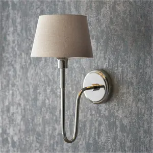 Indoor Bright Nickel Plate Wall Light - Grey Linen Mix Fabric Shade - Dimmable 10W LED E27