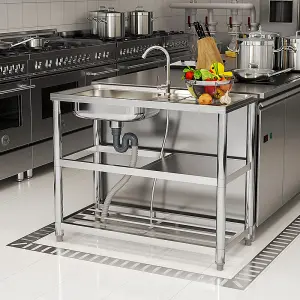 1 Compartment Commercial Floorstanding Stainless Steel Kitchen Sink with 2 Tier Shelf