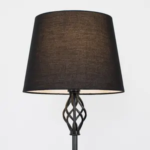 ValueLights Memphis Traditional Style Black Barley Twist Floor Lamp with Black Tapered Light Shade - with LED GLS Bulb