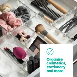 LIVIVO 4Pcs Clear Plastic Drawer Organiser, Versatile Desk & Kitchen Drawer Organiser - Tray for Makeup & Office Supplies - Small