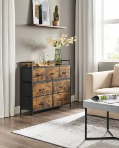 SONGMICS Bedroom Organizer, Chest of 7 Fabric Drawers, Metal Framed Cabinet, Rustic Brown and Ink Black