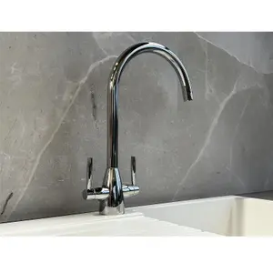 Liquida LT03CH Monobloc Swan Neck Twin Lever Chrome Kitchen Mixer Tap