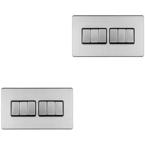 2 PACK 6 Gang Multi Light Switch SCREWLESS SATIN STEEL 2 Way 10A Slim Rocker