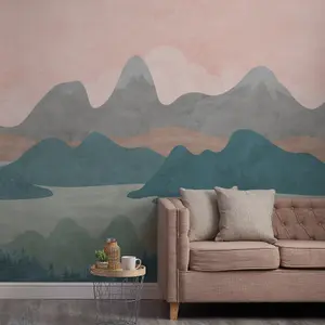 Grandeco Hills & Mountains Landscape 7 panel Repeatable Textured Mural,  2.8 x 3.71m Pink Teal