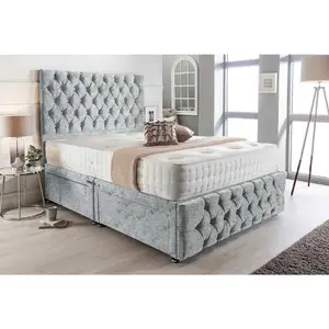 Merina Divan Bed Set with Tall Headboard and Mattress - Crushed Fabric, Silver Color, 2 Drawers Left Side