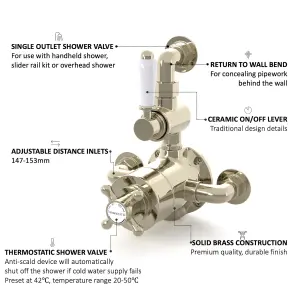 ENKI Downton English Gold White Traditional Brass Thermostatic Twin Shower Valve with Return to Wall Bend T110