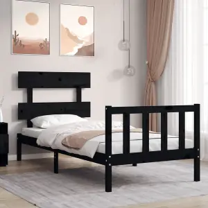 Berkfield Bed Frame with Headboard Black Small Single Solid Wood