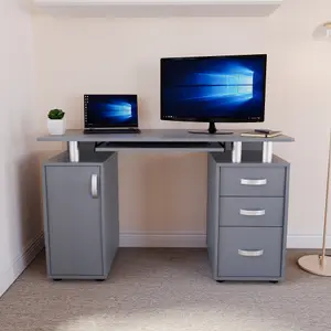 Vida Designs Otley Grey 3 Drawer Computer Desk With Shelves and Keyboard Tray