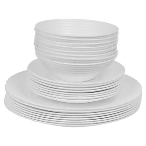 Queensway Home & Dining 26cm Diameter 24 Pcs White Opal Glass Vienna Ribbed Dinner Plates Soup Bowls Dinnerware Set