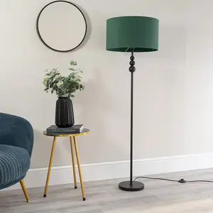 ValueLights Marissa Matt Black Stacked Ball Floor Lamp with Forest Green Drum Shade