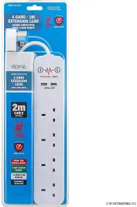 4 Way Gang Extension Lead Extention 4 Socket Plug 2 Usb Ports  2 Metre Cable