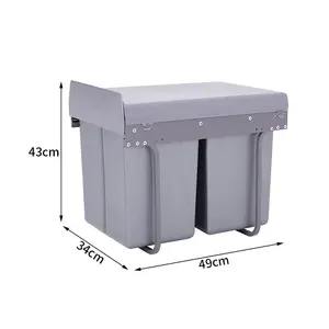 Grey 2 x 20L Rectangular Integrated Kitchen Pull Out Bin Waste and Recycling Bin for Cabinet Under Counter Storage