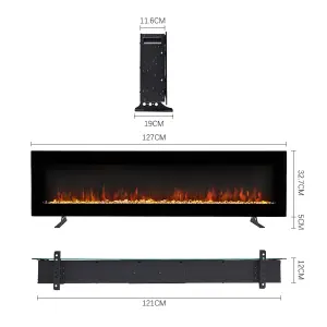 Black Electric Fire Wall Mounted or Freestanding Fireplace Heater 12 Flame Colors with Remote Control 50 inch