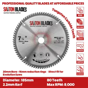 Saxton TCT18580T20BMPB TCT Laminate Hardwood Aluminium Circular Saw Blade 185 x 80Teeth x 20 Bore + 16mm Ring