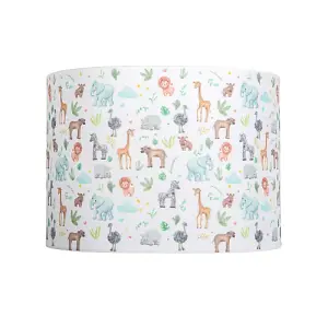 Safari Themed White Cotton Lamp Shade with Hand Drawn Pastel Coloured Animals