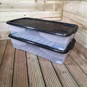 2 x 42L Clear Under Bed Storage Box with Black Lid, Stackable and Nestable Design Storage Solution