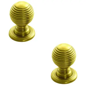 2 PACK - Reeded Ball Door Knob - 35mm Polished Brass Lined Cupboard Pull Handle & Rose